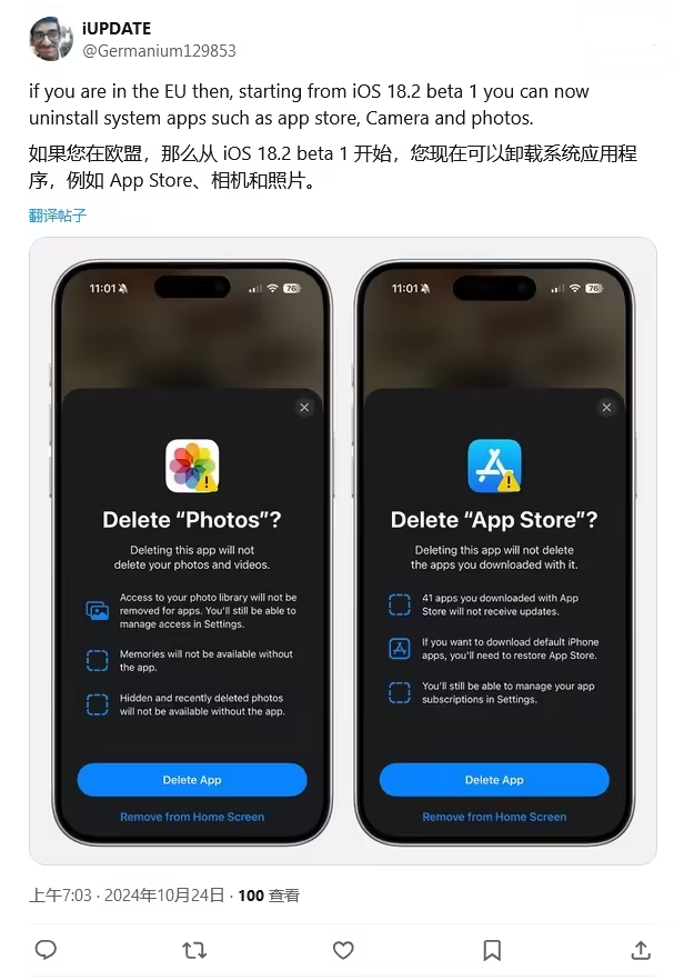 湛江苹果手机维修分享iOS 18.2 支持删除 App Store 应用商店 